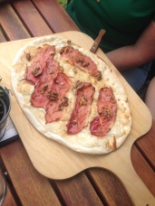 Flat bread honey walnuts and prosciutto in Germany